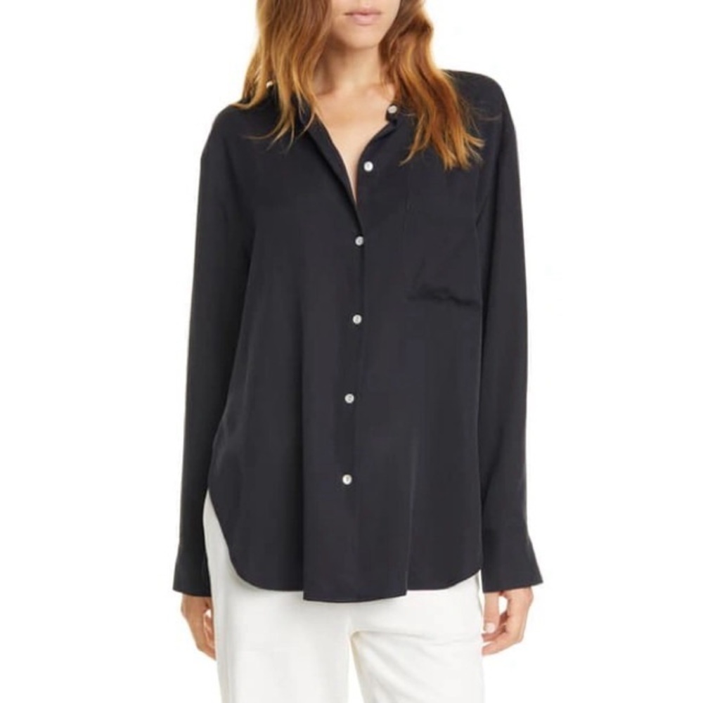Vince Relaxed Band Collar Blouse Navy Blue Sz L NWT